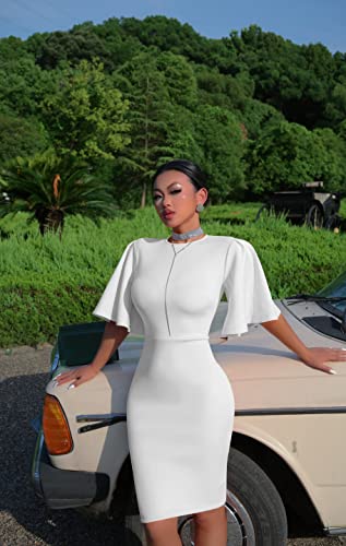 Image of Memoriesea Women's Basic Bodycon Ruffle Flared Short Sleeve Pencil Midi Dress