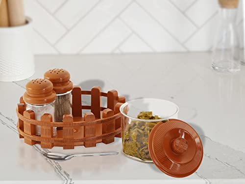 Image of Nabhya Complete Dining Table Set of Pickle Jars, Salt and Pepper Dispenser, Toothpick Holder and Spoon Holder(Wooden Look Design, Plastic) (Table Top)