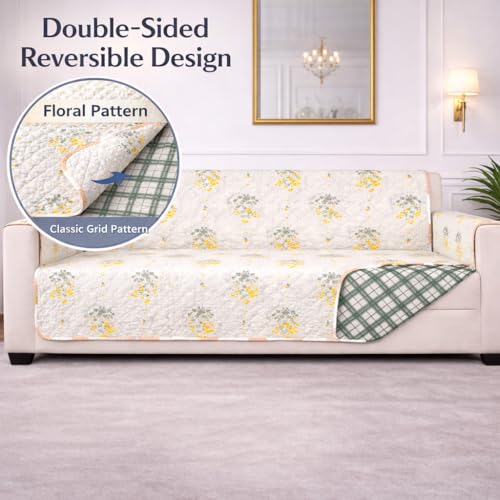 Image of STITCHNEST 'Double Vie Collection Series' Cotton Quilted Reversible Sofa Cover 1 Seater with Arm Rest and Pocket | Size 24x60 Inch