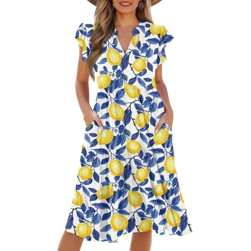Image of Womens Summer Dress Ruffle Sleeve V Neck Dress Casual Fit Flowy Beach Vacation Sundress with Pocket S-2XL