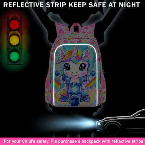 Image of 3Pcs Unicorn Backpack for Girls, 16 inch School Backpacks Set for Elementary Preschool Kindergarten, Kids Motorcycle Bookbag with Lunch Box(Pink)
