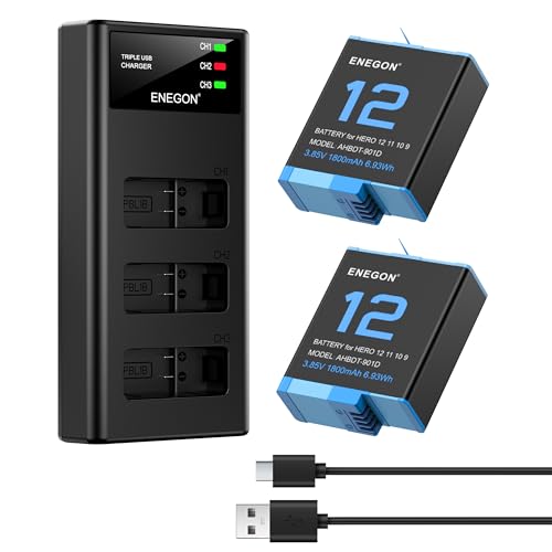 ENEGON Pack Baterías Recargables + Cargador 3 Ranuras – 2 x 1800mAh para Hero 12/11/10/9 Black (1 Cargador + 2 Baterías)