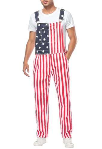 Yuanbang American Flag Overalls Pants Adjustable Straps Mens Red White And Blue Jean Coveralls 4th Of July Romper(Flag,L)