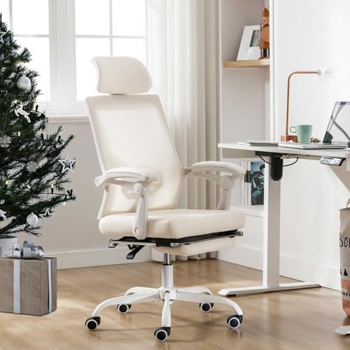 UEV Bürostuhl Ergonomisch mit verstellbare Fuß-/Lenden-/Kopfstütze, Schreibtischstuhl Drehstuhl Gaming Stuhl atmungsaktiv Mesh Stoff, höhenverstellbar neigbar bis 135° Beige