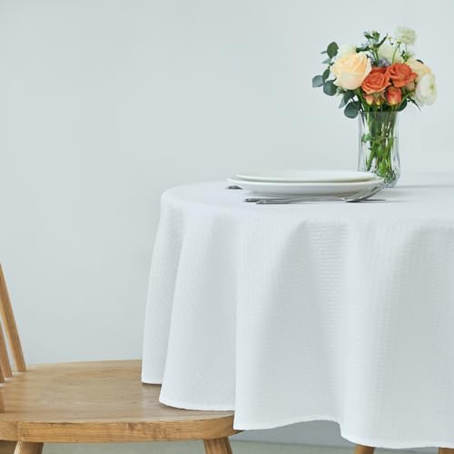 Image of maxmill Round Weaved Texture Design Tablecloth Spill-Proof Wrinkle Free Soft Washable Table Cloth for Circular Table Cover, for Dining Room Buffet Banquet Parties Holiday Dinner, 90 Inch White