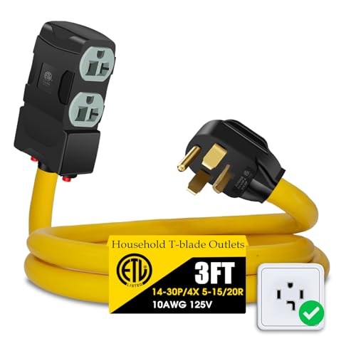 30Amp to 20Amp 110V Adapter Compatible with NEMA 14-30P to 4X 5-20R/15R with 20 Amp Circuit Breaker 240V to 120V Dryer Power Distribution Adapter (3 FT)