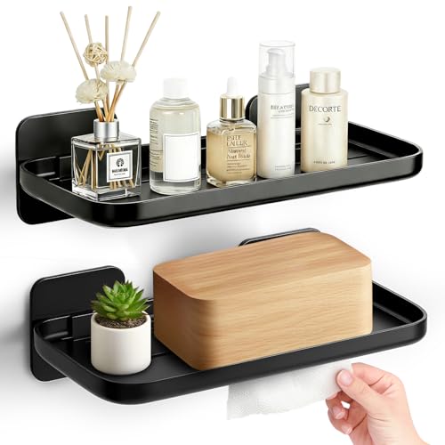 FAYYGYH 2 Pack Adhesive Floating Shelves No Drill Small Floating Shelf for Wall Storage Damage-Free Wall Mounted Organizer for Bathroom Kitchen Bedroom & Office (Black)
