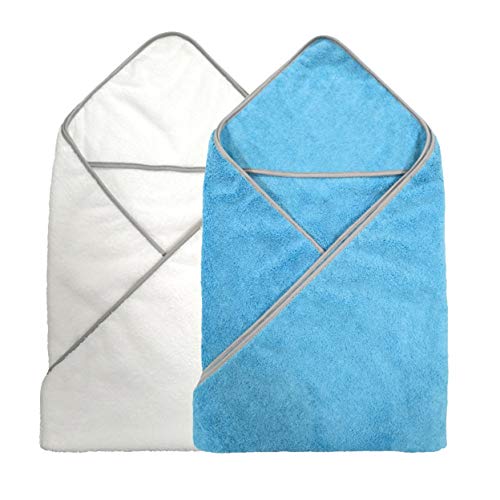 Image of POLYTE Premium Hypoallergenic Microfiber Hooded Baby Bath Towel, 36 x 36 in, 2 Pack (Blue/White)