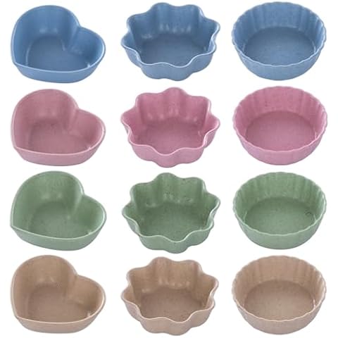 12Pack Dipping Bowls Soy Sauce Dishes Kit Wheat Straw Plates Tasting Dishes Multi-Color Variety Shape Saucers Ramekins Seasoning Condiment Appetizer Mini Bowls Side Dish Jam Sushi Butter Ketchup Cover