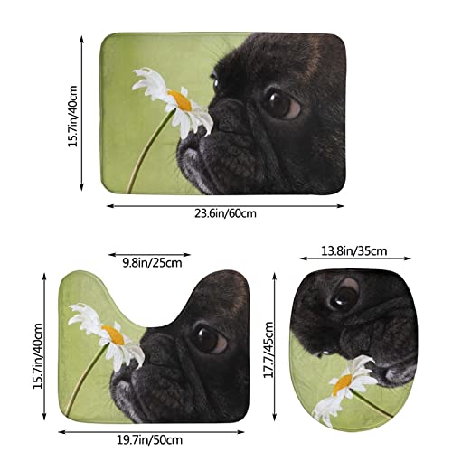 MBNGGAB Badematte + Konturmatte + Toilettendeckelbezug, Hund Muster Mops Blume 3 Stück Badematten Set, mit rutschfester Klebeunterseite – Bild 4