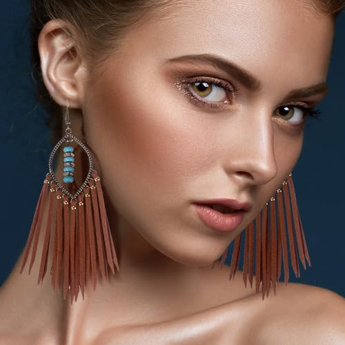 Long Bohemian Fringe Leather Earrrings Handmade Tassel Earrings with Turquoise Christmas Long Dangle Earrings for Women rodeo jewelry2