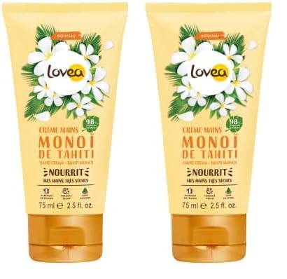 LOVEA - Crème Pour Les Mains - Monoï De Tahiti - Nourrit, Protège & Adoucit - Pour Peaux Très Sèches - 98% D'Origine Naturelle - Sans Silicone - Vegan - Fabriqué En France - 75 ml (Lot de 2)