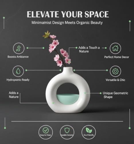 Image of BENAVJI Ceramic Vase for Home Decor Centerpiece for Living Room, Bedroom, Dining Table & Office (White Ring Vase, 6 Inch)