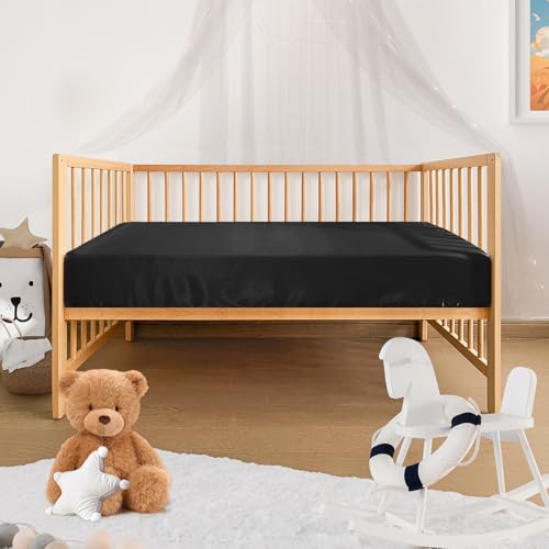 Image of Pro Goleem Satin Soft Crib Sheet Great for Baby with Sensitive Hair Silky Baby Sheet Black 52''x28''x8'' Unisex Fitted Sheet Gift for Boys and Girls