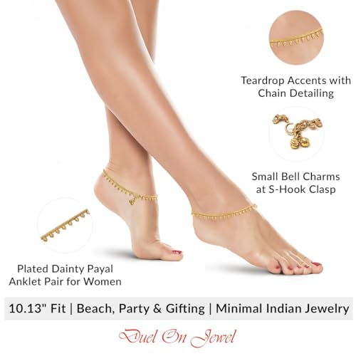 Image of Duel On Jewel Gold Payal Set for Women, Indian Paayal Jhanjar Chain Anklets with Bell Detail, Foot Jewelry Pair, 10 Inch Comfort Fit, Traditional & Dainty Styles for Wedding Beach Everyday Gift