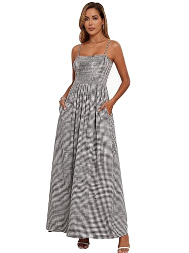 Image of Aigeman Women Detachable Strap Dress Strapless Smocked Bodice Maxi Dress Pockets Long Swing Flowy Beach Sundress 373