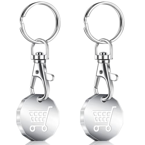 Caianwin 2 Pcs Trolley Token Stainless Steel Trolley Coin UK Pound for Removable Supermarket Keyrings 12 Sided Shopping Carts Key Clip Ideal for Shopping Basket Locker
