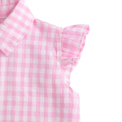 Image of Girls Sleeveless Plaid Button Down Shirt Summer Crop Tops Tie Knot Ruffle Sleeve Shirt Blouse 3-12Y