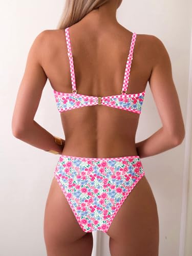 Image of Fanuerg Women's Triangle Bikini Sets O Ring Linked Two Piece Swimsuits Floral Printed Cheeky Bathing Suit