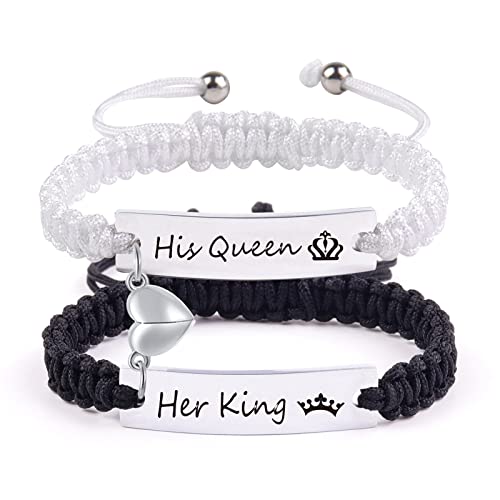 Personalized Braided Couples Bracelet Engraved Handmade Braided Rope ID Bracelets Set for Anniversary Birthday Gift (His Queen)