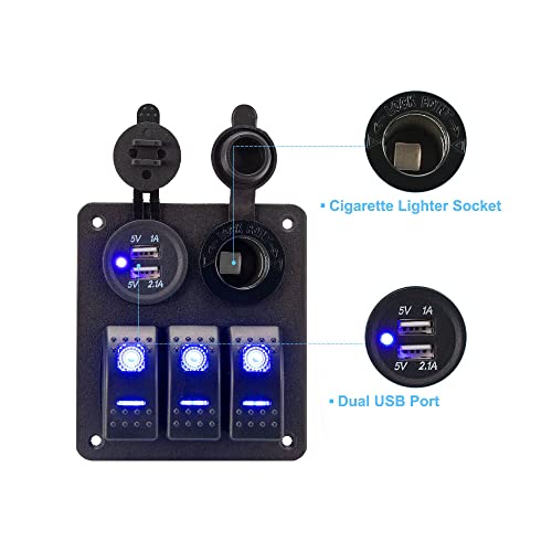 Riloer Painel de alumínio com 3 interruptores de painel de interruptor de 12 – 24 V, ajuste universa