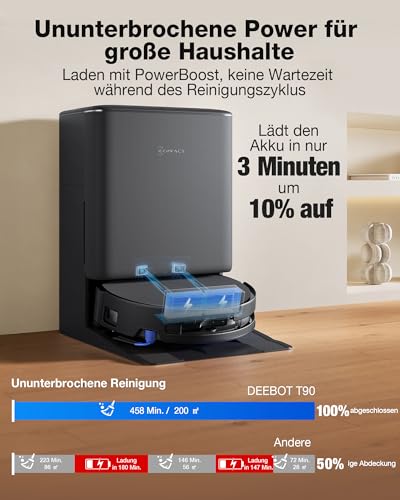 ECOVACS DEEBOT T90 PRO Omni Saugroboter mit Wischfunktion, Roboterstaubsauger 30.000 Pa, Schnellladen mit PowerBoost, OZMO Roller 3.0 mit TruEdge, automatische Dosierung der Reinigungslösung, Schwarz