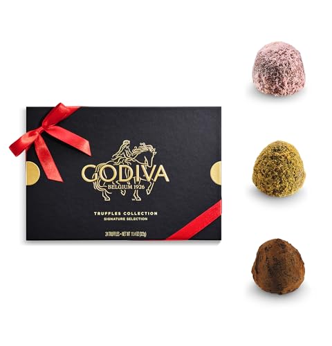 Image of Godiva Red Ribbon Signature Truffle Gift Box, Belgian Dark and Milk Chocolates with Ganache Centers, Gourmet Valentine's Day Gift, Kosher, 24 Pc