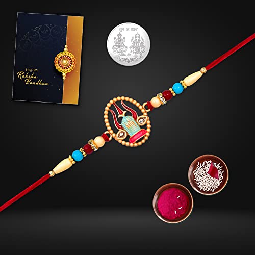 Image of Periapt Multicolour Rakhi Bracelet Combo with Coin, Tilak Set and Greeting Card for Brother Raksha Bandhan - All-in-One Festival Gift Set