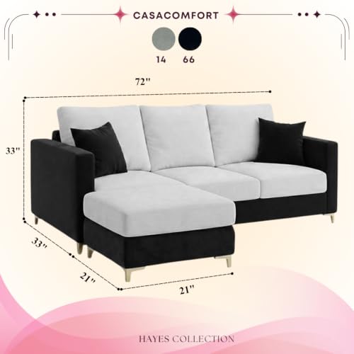 Image of Hayes Rich 4 Seater L Shape Sofa Set with Movable Ottomans | Flexible Layout | Velvet Suede Fabric | Golden Aesthetic Legs | Dual Tone Modern Sofa for Living Room (Black-Light Grey)