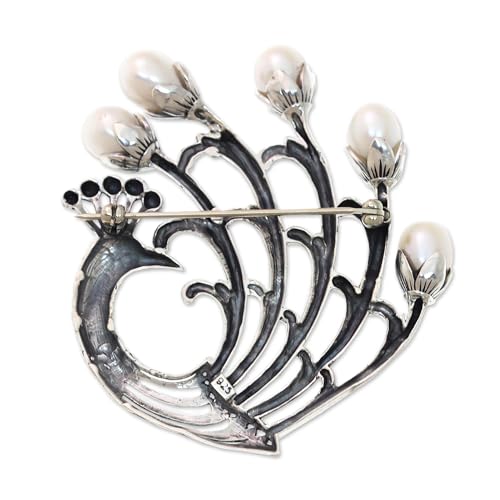 Image of NOVICA Artisan Handmade Cultured Freshwater Pearl Brooch | Sterling Silver Peacock | White Pearls | Indonesia | Animal Themed Birthstone | Bird | 'Resplendent' | 2.4 inch L x 2.2 inch W x 0.4 inch D