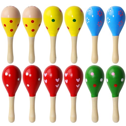 Prmape 12 Stück Mini Hölzerne Maracas, Maracas Holz Kinder, 12cm Rassel Holz Musikinstrument, Rasseln Aus Holz für Kinder, Partys und Schulen