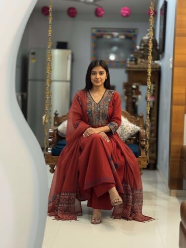 Image of ANNI Designer Women Printed Gathered Kurta Palazzo Dupatta Set Viscose Blend Kurti Suit Ladies Ethnic Wear for Festive Office Casual Use