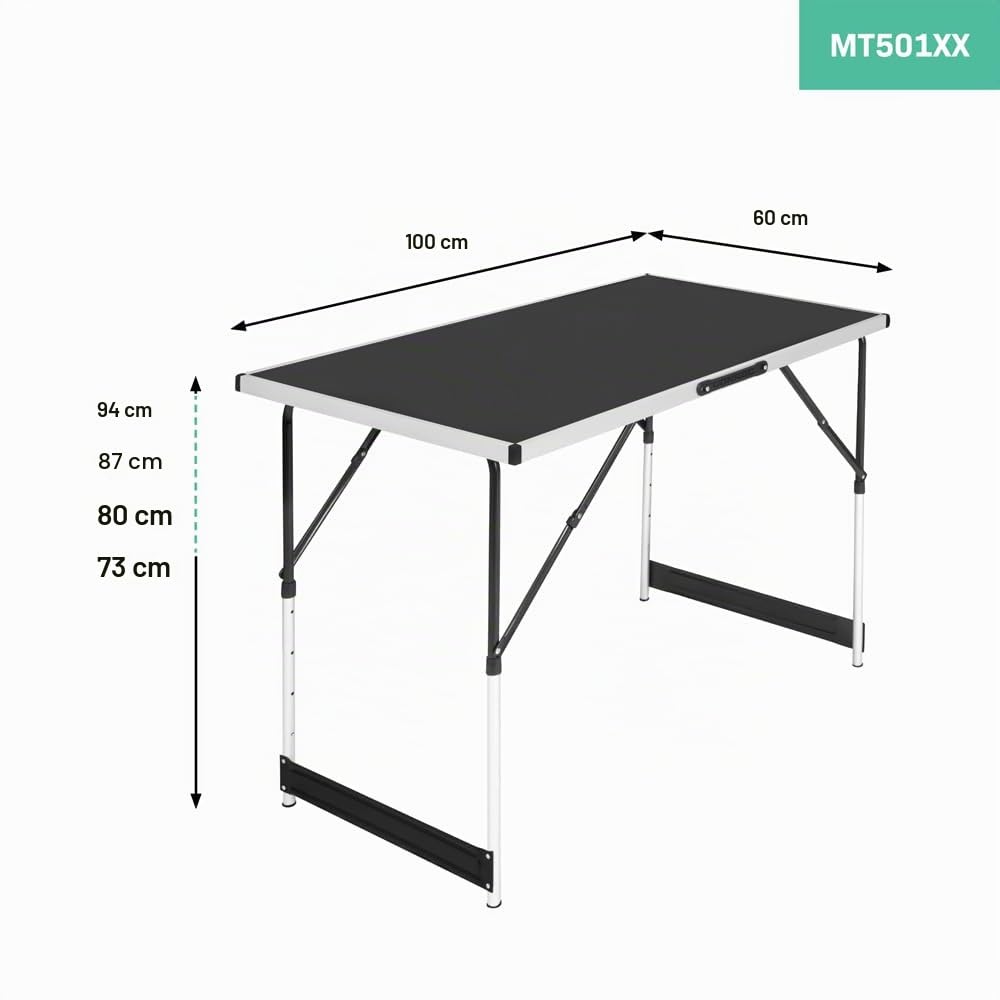 VONROC Tavolo Multifunzionale 100x60 cm, Regolabile in Altezza, Pieghevole, Leggero e Portatile | Uso Interno ed Esterno | Resistente ai Graffi e Intemperie | Con Maniglia per Trasporto