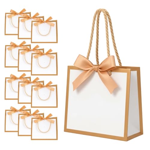 12 Pack Small Gift Bags with Handles & Gold Bow 14×12×6 cm Mini Gift Bags Sturdy White Party Favor Bags for Wedding Birthday Baby Shower Small Gifts Packaging