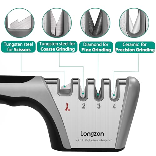 longzon Messerschärfer, 4 Stufen Manuelle Messerschleifer mit Anti-Schneidhandschuhe für...