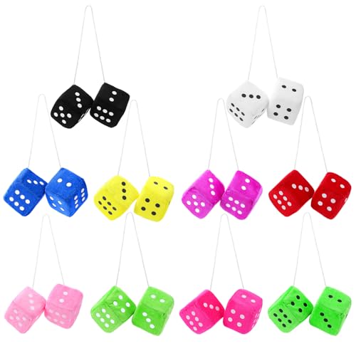 10Pairs Fuzzy Dice for Rear View Mirror 2.75inch Fuzzy Dice for Car Mirror Cute Plush Retro Square Hanging Dice with Dots for Car Interior Hanging Ornament Decoration (10 Colors)