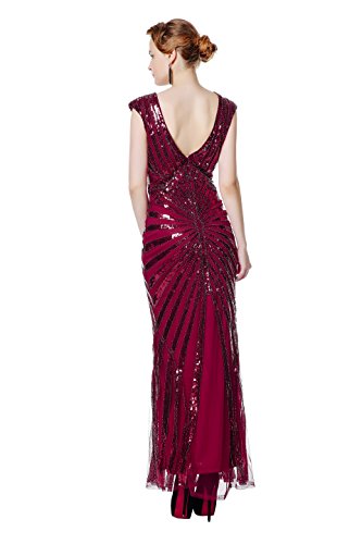 Metme Women's 1920s Vintage Fringed Sequin Long Flapper Gatsby Dress for Party,Wine,X-Small
