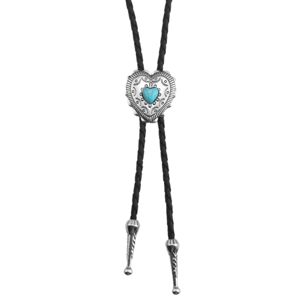 Collier cravate cow-boy noir avec pendentif cœur sculpté style western pour homme et femme