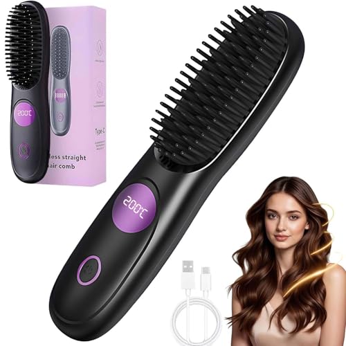 Go Brush Pro Cordless Hair Straighteners Brush Heated Hair Brush for Short Long Hairs Portable Rechargeable Heated Ceramic Styling Brushes Styling Appliances Tools for Travel Office Home