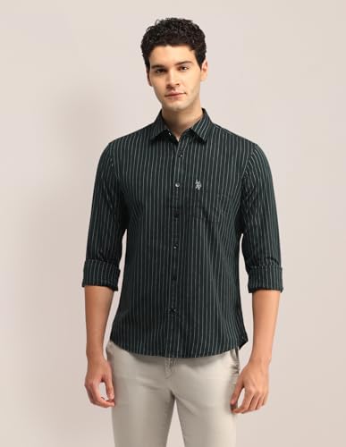 Image of U.S. Polo ASSN. Men's Green Striped Spread Collar Full Sleeve Casual Cotton Tailored Fit Shirt