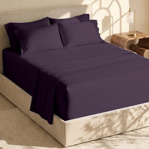 Image of Hearth & Harbor Extra Deep Pocket Sheets - Fits Mattress 18-24 Inches Deep - Extra Deep Pocket Split King Size Sets - 7 Piece Split King Size - Eggplant