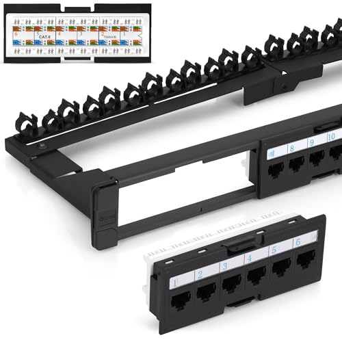 Everest RJ45 24 Port Cat6 / 6A Patch Panel – Modular 6-Port Removable Panels for Easy Access – 1U Rack Mountable Network Panel – 10Gb Connection Panel – 110 or Krone Tool Compatible