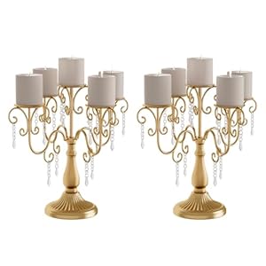Gold Candelabra 5-Arms Candle Holders Gold Candlestick Holder with 15 Crystal Pendants Candle Stick Stands for Wedding Centerpiece Antique Candle Stand for Candlelight Dinner Table 2 Pack