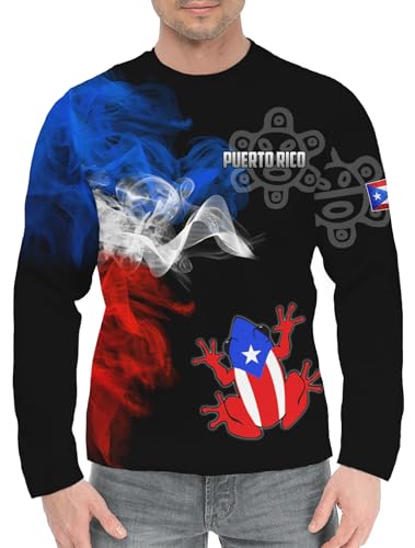 Puerto Rican Flag Long Sleeve T-Shirt for Men 3D Frog Print Shirt Puerto Rican Graphic Casual Round Neck Long Sleeve Top3