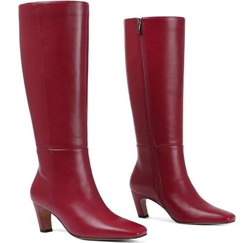 Kitten Heel Knee High Boots Women Square Toe Long Tall Boots Faux Leather Low Heel Boot Fashion Wide Calf Dress/Casual Elastic Boots with Side Zipper2