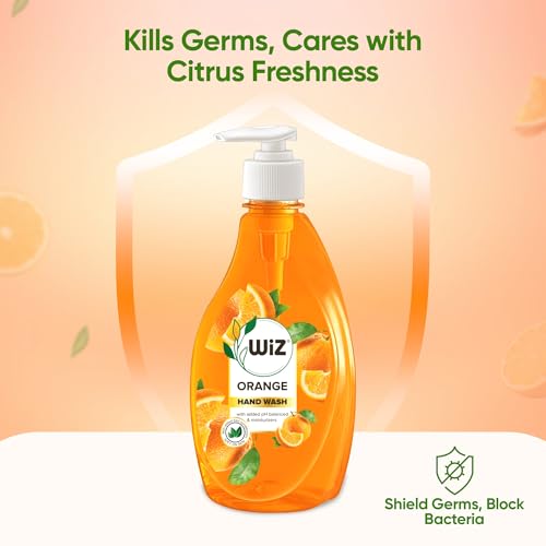 Image of Wiz Orange Handwash Liquid Soap Dispenser Bottle - 450ml (Pack of 4)| Germ Protection | Hand Wash with Added pH-Balanced & Moisturizers for Soft & Gentle Hands | Suitable for all Skin Types