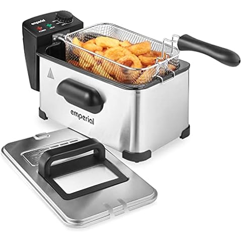 Emperial 3L Deep Fat Fryer Stainless Steel with Viewing Window and Safety Cut Out, Non-Slip, Easy Clean and Adjustable Temperature Control, 2kW, 2000 W, 3 liters, Silver Cover