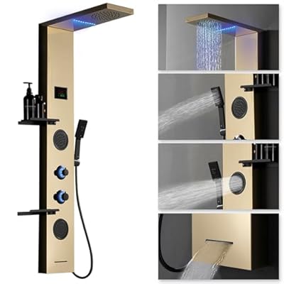 BATHLAVISH LED Gold Shower Tower 304 Stainless Steel Shower Panels With Storage Shelf Shower System with Rainfall Shower Head Massage Body Jets Waterfall Bathtub Bathroom Lavatory Wash