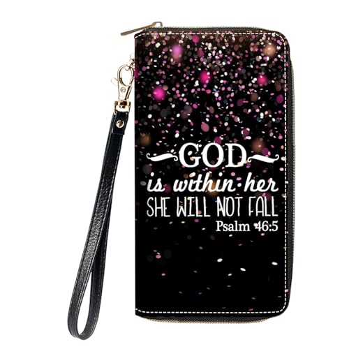 DEHJYYIJUY Women's Large Capacity Wallet, Bible Verse Psalm 46:5 Design Portable PU Leather Zipper Wallet, Multifunctional Clutch Wallet for Smart Phone/Cash/Card/Coin