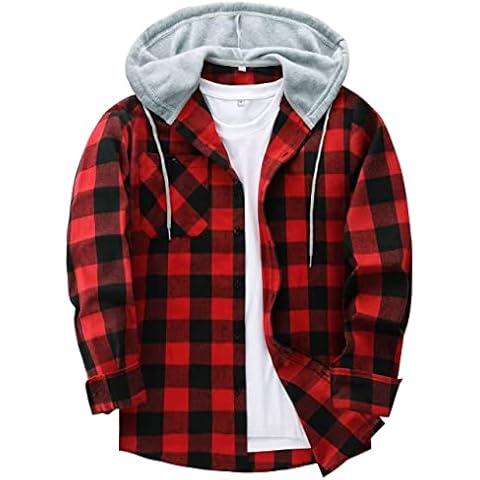 JACKETOWN Men's Casual Plaid Flannel Lined Shirt Long Sleeve Checked Hooded Button Down Shirt Jacket Thicker and Warmer Check Shirt for All Aeasons(Red3XL) Cover